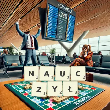 Kreatywna ilustracja do gry w Scrabble ze słowem NAUCZYŁ ułożonym z płytek na planszy.
