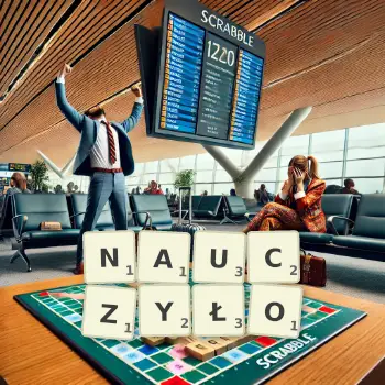 Kreatywna ilustracja do gry w Scrabble ze słowem NAUCZYŁO ułożonym z płytek na planszy.