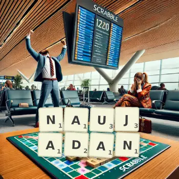 Kreatywna ilustracja do gry w Scrabble ze słowem NAUJADAN ułożonym z płytek na planszy.