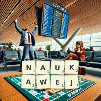 Kreatywna ilustracja do gry w Scrabble ze słowem NAUKAWEJ ułożonym z płytek na planszy.