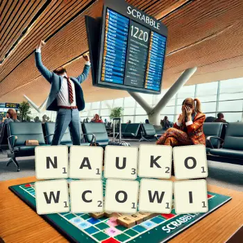 Kreatywna ilustracja do gry w Scrabble ze słowem NAUKOWCOWI ułożonym z płytek na planszy.