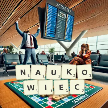 Kreatywna ilustracja do gry w Scrabble ze słowem NAUKOWIEC ułożonym z płytek na planszy.