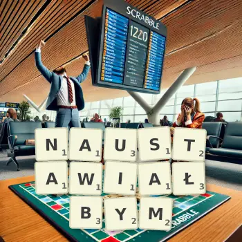 Kreatywna ilustracja do gry w Scrabble ze słowem NAUSTAWIAŁBYM ułożonym z płytek na planszy.
