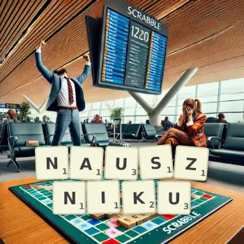 Kreatywna ilustracja do gry w Scrabble ze słowem NAUSZNIKU ułożonym z płytek na planszy.