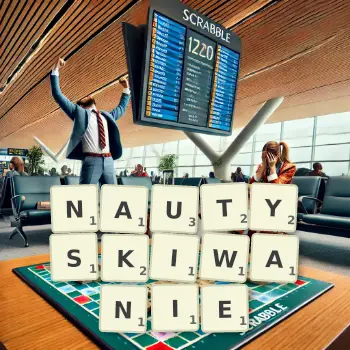 Kreatywna ilustracja do gry w Scrabble ze słowem NAUTYSKIWANIE ułożonym z płytek na planszy.