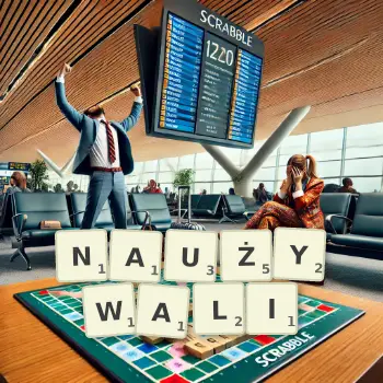 Kreatywna ilustracja do gry w Scrabble ze słowem NAUŻYWALI ułożonym z płytek na planszy.