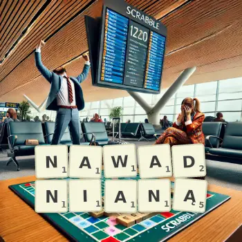 Kreatywna ilustracja do gry w Scrabble ze słowem NAWADNIANĄ ułożonym z płytek na planszy.