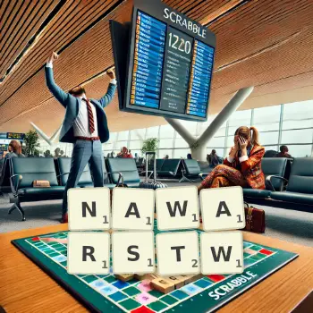 Kreatywna ilustracja do gry w Scrabble ze słowem NAWARSTW ułożonym z płytek na planszy.