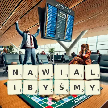 Kreatywna ilustracja do gry w Scrabble ze słowem NAWIALIBYŚMY ułożonym z płytek na planszy.