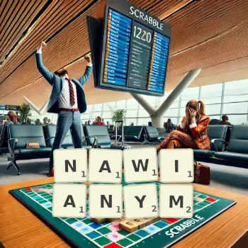 Kreatywna ilustracja do gry w Scrabble ze słowem NAWIANYM ułożonym z płytek na planszy.