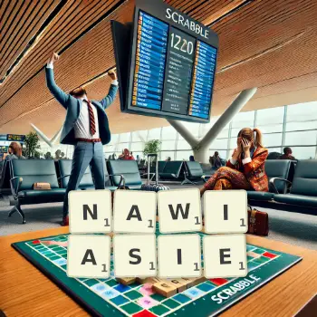 Kreatywna ilustracja do gry w Scrabble ze słowem NAWIASIE ułożonym z płytek na planszy.