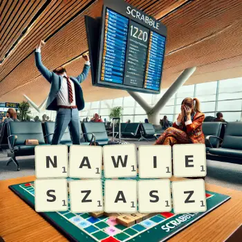 Kreatywna ilustracja do gry w Scrabble ze słowem NAWIESZASZ ułożonym z płytek na planszy.