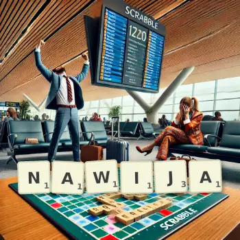 Kreatywna ilustracja do gry w Scrabble ze słowem NAWIJA ułożonym z płytek na planszy.