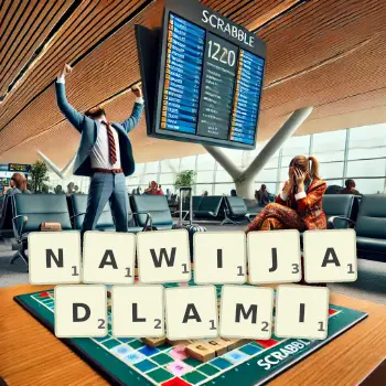 Kreatywna ilustracja do gry w Scrabble ze słowem NAWIJADLAMI ułożonym z płytek na planszy.