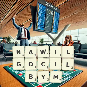 Kreatywna ilustracja do gry w Scrabble ze słowem NAWILGOCILBYM ułożonym z płytek na planszy.