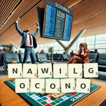Kreatywna ilustracja do gry w Scrabble ze słowem NAWILGOCONO ułożonym z płytek na planszy.