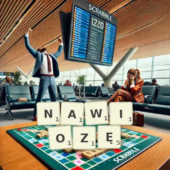 Kreatywna ilustracja do gry w Scrabble ze słowem NAWIOZĘ ułożonym z płytek na planszy.