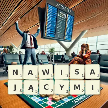 Kreatywna ilustracja do gry w Scrabble ze słowem NAWISAJĄCYMI ułożonym z płytek na planszy.