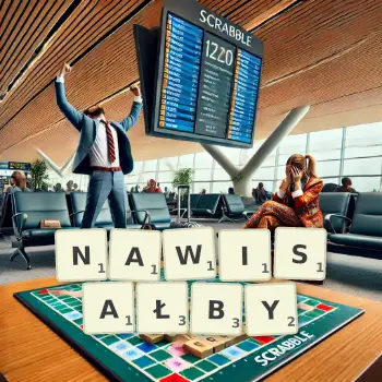 Kreatywna ilustracja do gry w Scrabble ze słowem NAWISAŁBY ułożonym z płytek na planszy.
