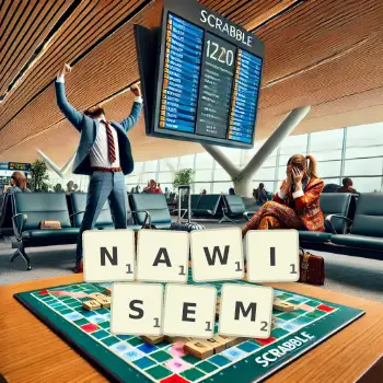 Kreatywna ilustracja do gry w Scrabble ze słowem NAWISEM ułożonym z płytek na planszy.