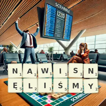 Kreatywna ilustracja do gry w Scrabble ze słowem NAWISNĘLIŚMY ułożonym z płytek na planszy.