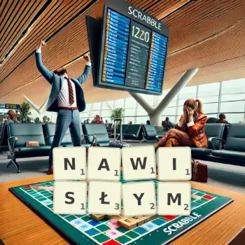 Kreatywna ilustracja do gry w Scrabble ze słowem NAWISŁYM ułożonym z płytek na planszy.