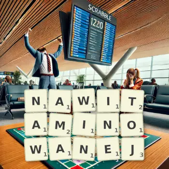 Kreatywna ilustracja do gry w Scrabble ze słowem NAWITAMINOWANEJ ułożonym z płytek na planszy.
