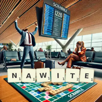 Kreatywna ilustracja do gry w Scrabble ze słowem NAWITE ułożonym z płytek na planszy.