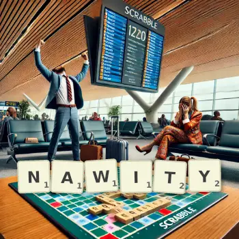 Kreatywna ilustracja do gry w Scrabble ze słowem NAWITY ułożonym z płytek na planszy.