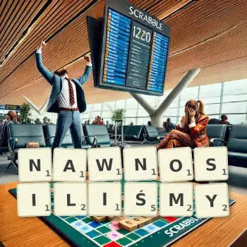 Kreatywna ilustracja do gry w Scrabble ze słowem NAWNOSILIŚMY ułożonym z płytek na planszy.