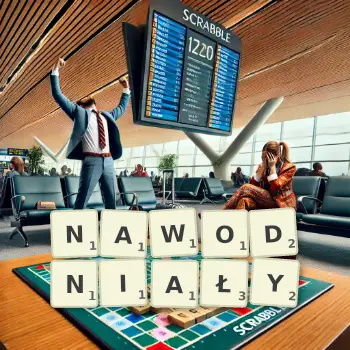 Kreatywna ilustracja do gry w Scrabble ze słowem NAWODNIAŁY ułożonym z płytek na planszy.