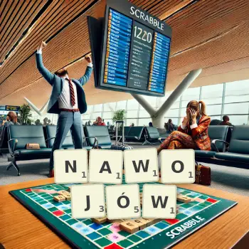 Kreatywna ilustracja do gry w Scrabble ze słowem NAWOJÓW ułożonym z płytek na planszy.