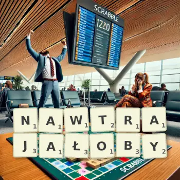 Kreatywna ilustracja do gry w Scrabble ze słowem NAWTRAJAŁOBY ułożonym z płytek na planszy.