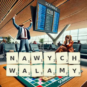 Kreatywna ilustracja do gry w Scrabble ze słowem NAWYCHWALAMY ułożonym z płytek na planszy.