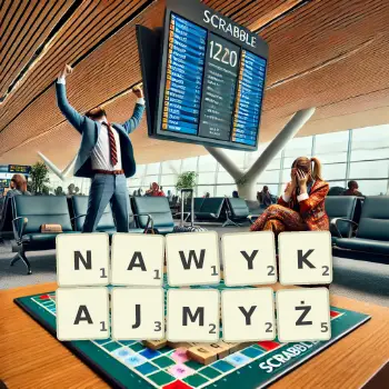 Kreatywna ilustracja do gry w Scrabble ze słowem NAWYKAJMYŻ ułożonym z płytek na planszy.