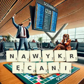 Kreatywna ilustracja do gry w Scrabble ze słowem NAWYKRĘCANI ułożonym z płytek na planszy.
