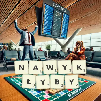 Kreatywna ilustracja do gry w Scrabble ze słowem NAWYKŁYBY ułożonym z płytek na planszy.