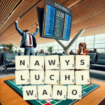 Kreatywna ilustracja do gry w Scrabble ze słowem NAWYSLUCHIWANO ułożonym z płytek na planszy.