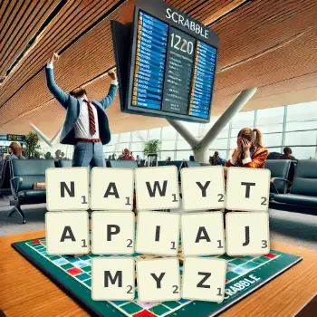 Kreatywna ilustracja do gry w Scrabble ze słowem NAWYTAPIAJMYZ ułożonym z płytek na planszy.