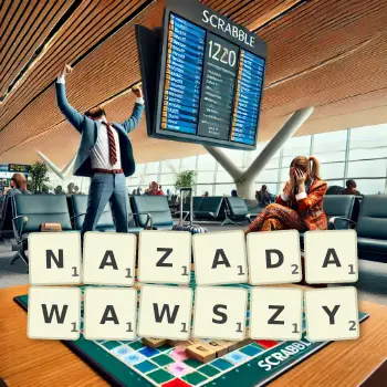 Kreatywna ilustracja do gry w Scrabble ze słowem NAZADAWAWSZY ułożonym z płytek na planszy.