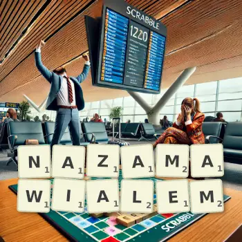 Kreatywna ilustracja do gry w Scrabble ze słowem NAZAMAWIALEM ułożonym z płytek na planszy.