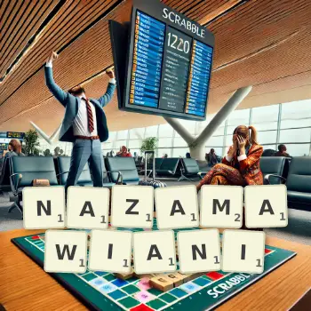 Kreatywna ilustracja do gry w Scrabble ze słowem NAZAMAWIANI ułożonym z płytek na planszy.