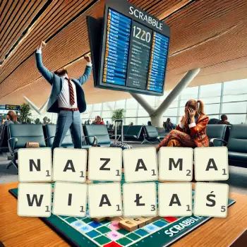 Kreatywna ilustracja do gry w Scrabble ze słowem NAZAMAWIAŁAŚ ułożonym z płytek na planszy.