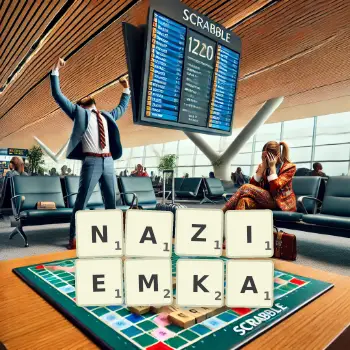 Kreatywna ilustracja do gry w Scrabble ze słowem NAZIEMKA ułożonym z płytek na planszy.