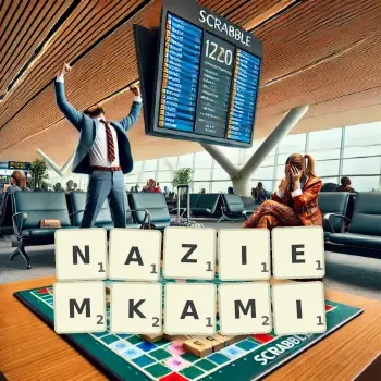 Kreatywna ilustracja do gry w Scrabble ze słowem NAZIEMKAMI ułożonym z płytek na planszy.
