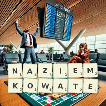 Kreatywna ilustracja do gry w Scrabble ze słowem NAZIEMKOWATE ułożonym z płytek na planszy.