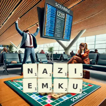 Kreatywna ilustracja do gry w Scrabble ze słowem NAZIEMKU ułożonym z płytek na planszy.