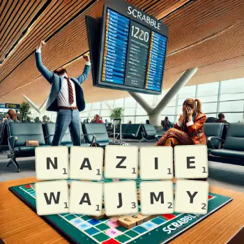 Kreatywna ilustracja do gry w Scrabble ze słowem NAZIEWAJMY ułożonym z płytek na planszy.