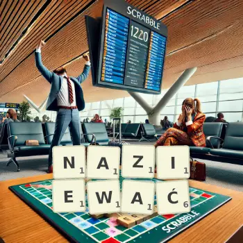 Kreatywna ilustracja do gry w Scrabble ze słowem NAZIEWAĆ ułożonym z płytek na planszy.