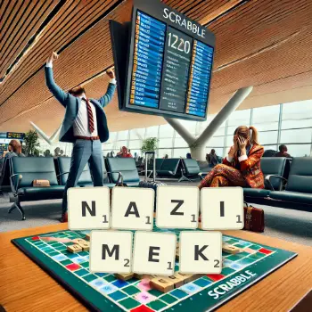 Kreatywna ilustracja do gry w Scrabble ze słowem NAZIMEK ułożonym z płytek na planszy.
